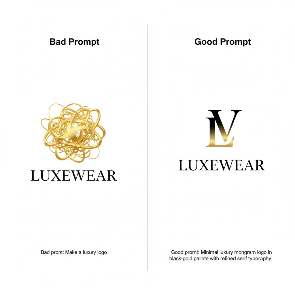 Comparison of bad vs good AI logo prompts showing difference in logo results