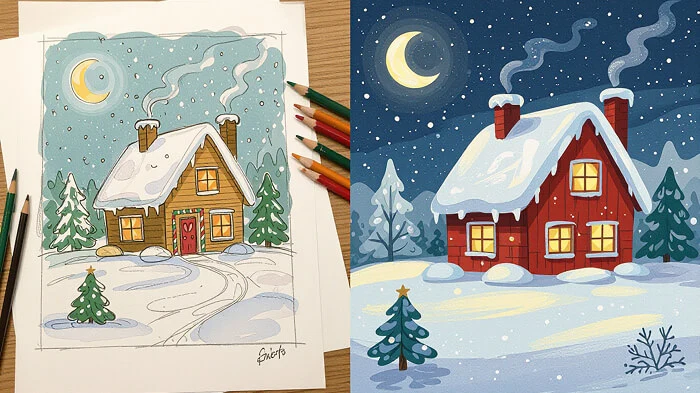 Before and after image of a Christmas artwork from sketch to finished piece