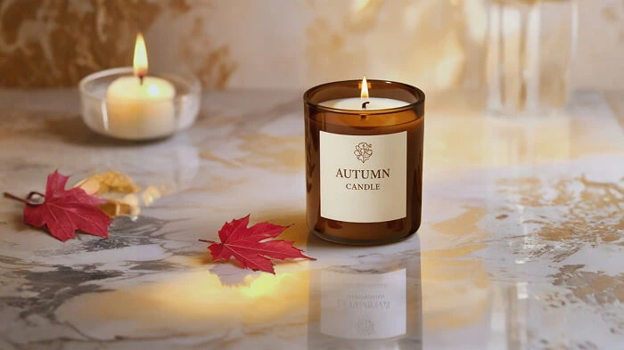 Candle in a glass jar placed on a marble tabletop in minimal style.