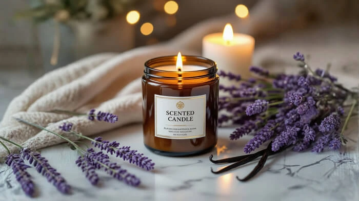 Luxury candle showcased on a podium under a spotlight background.