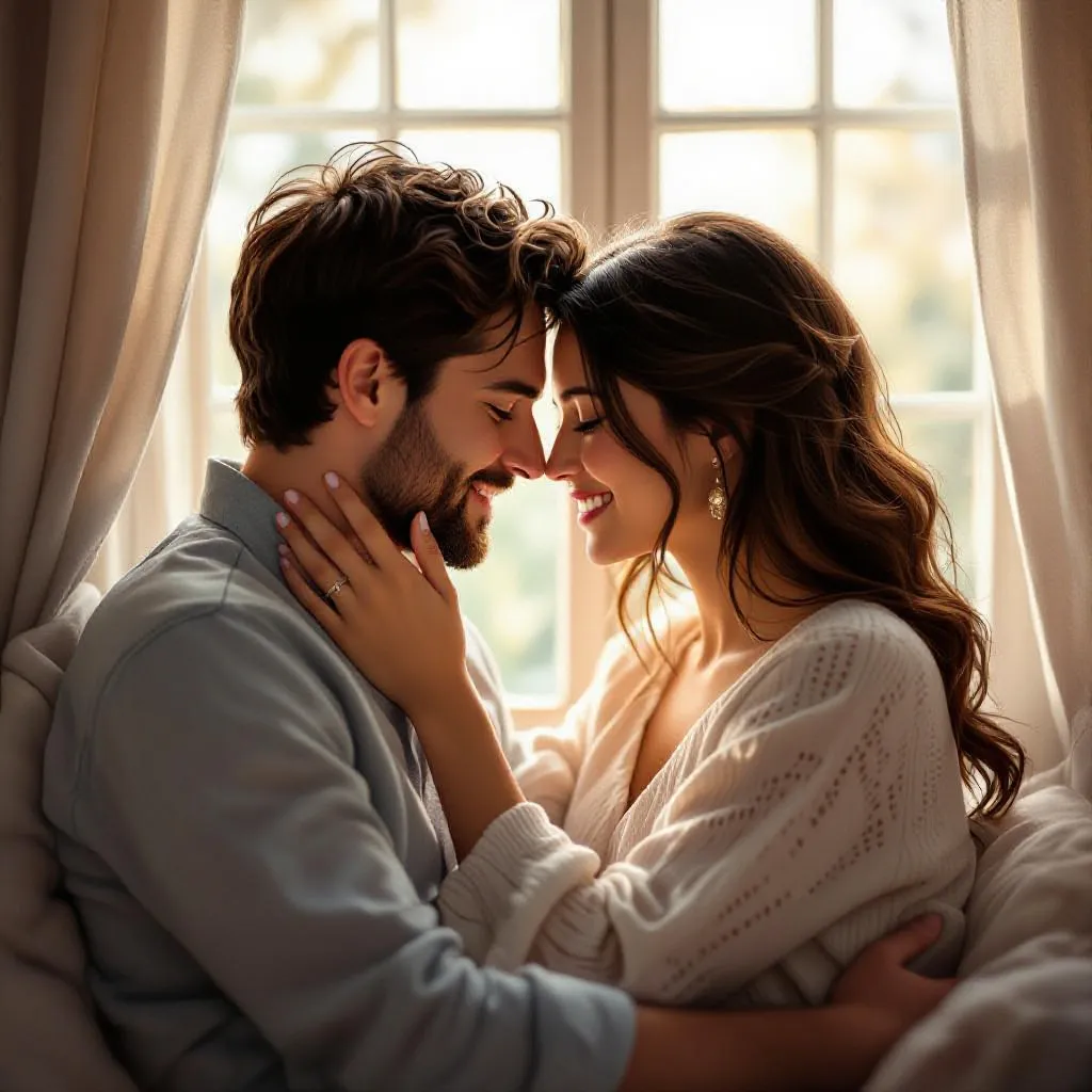 Romantic couple by a window bathed in warm, soft light, tender forehead touch