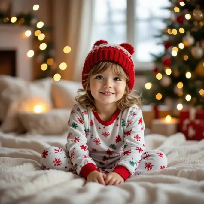 Child in festive pajamas with fairy lights in a cozy Christmas scene.