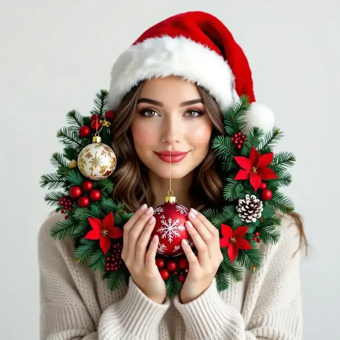 Minimal Christmas portrait with one ornament and a clean background.