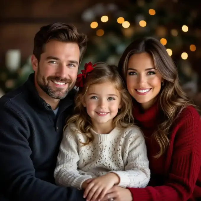 Family Christmas portrait with subtle decor and soft lighting.