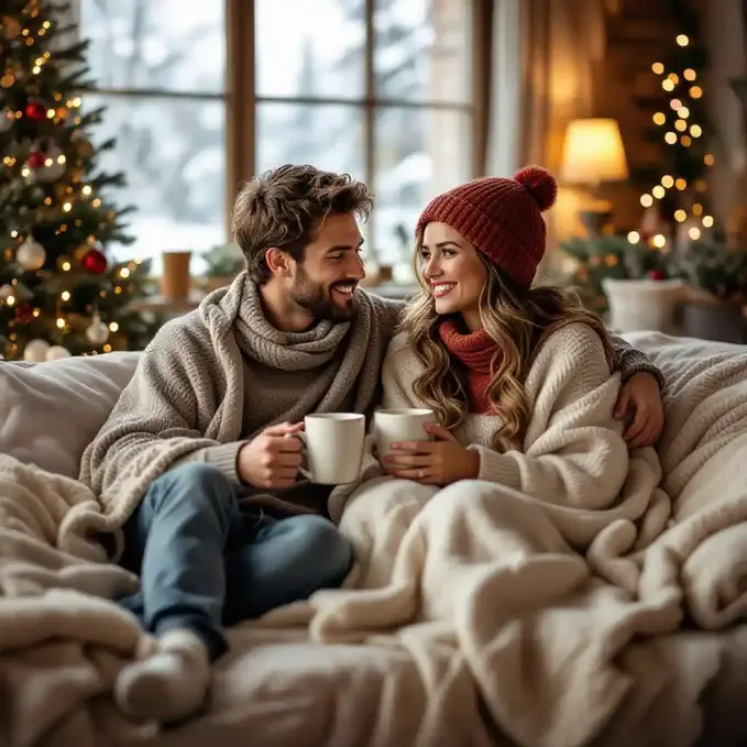 Cozy duo on sofa with blankets, mugs, and subtle Christmas decor.