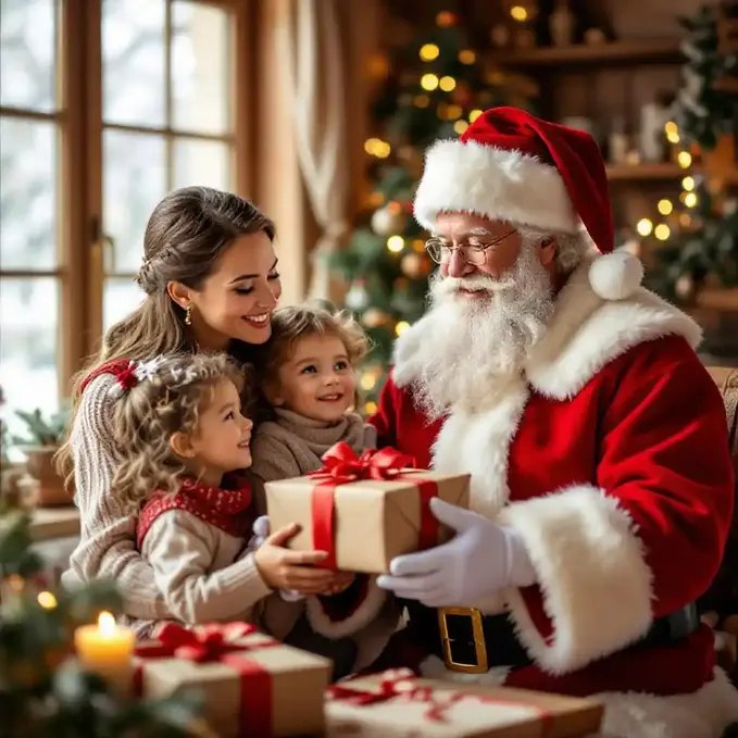 Family Christmas scene with Santa giving gifts and warm lighting.v