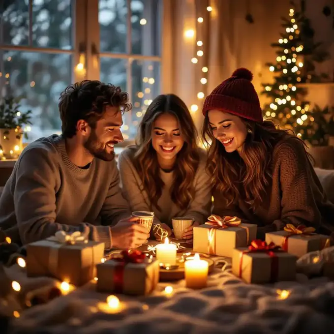 Small Christmas party with friends, fairy lights, and wrapped gifts.