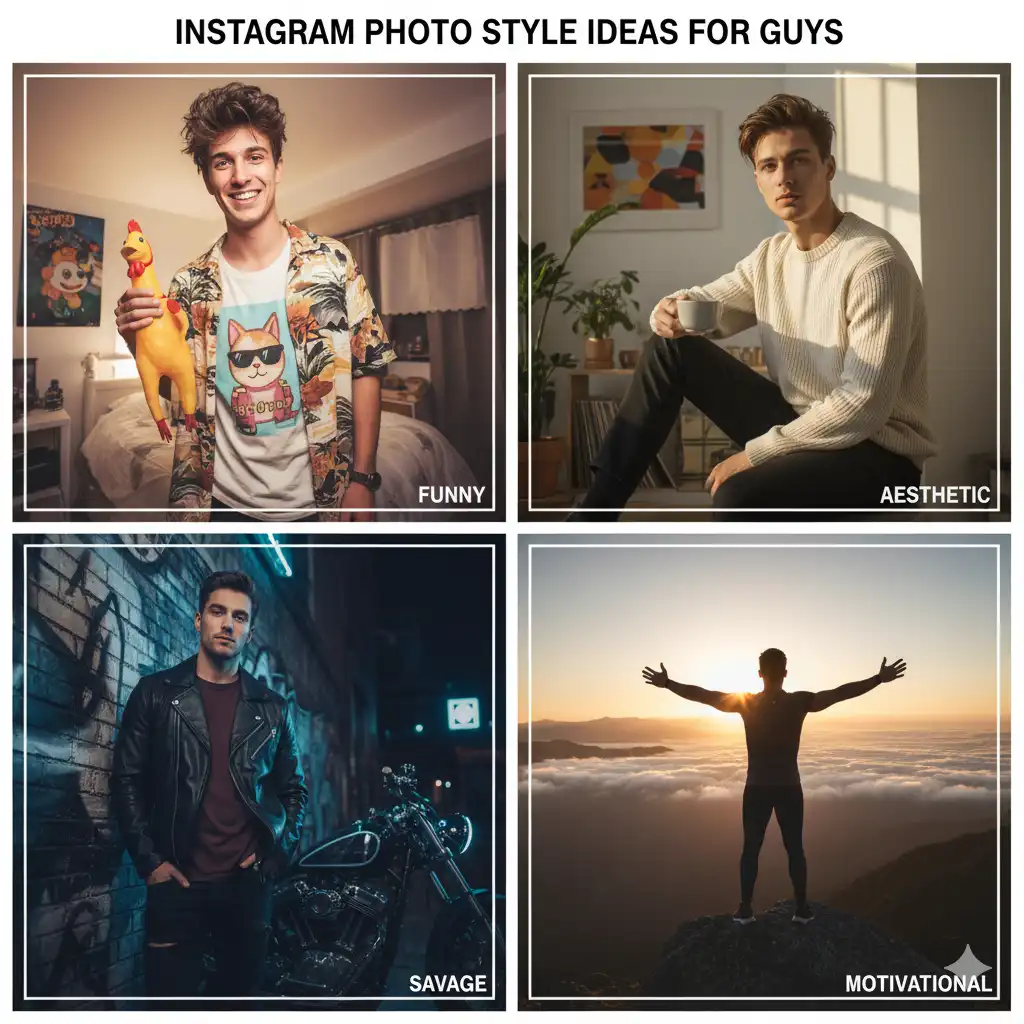 Photo style ideas that match Instagram bios for boys, including funny, aesthetic, savage, and motivational looks.