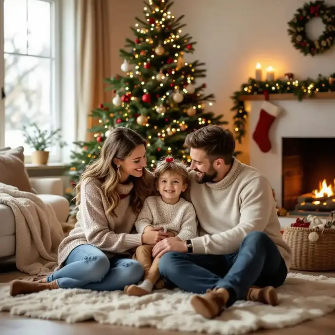 Cozy family Christmas photoshoot with decorated tree and warm lights.