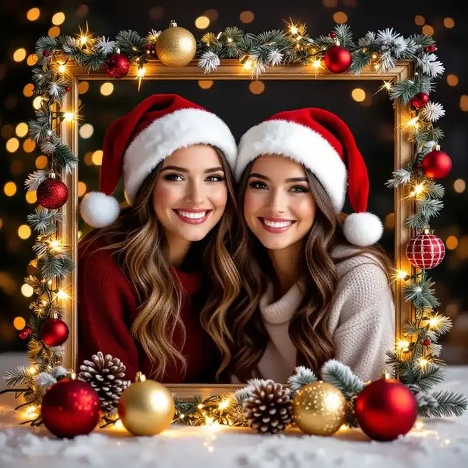 Christmas duo portrait framed with ornaments and warm lights.