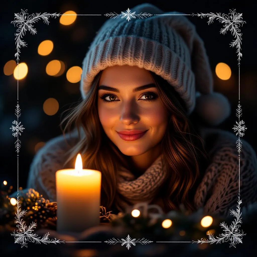 Candle-lit Christmas portrait with warm glow and cozy dark background.