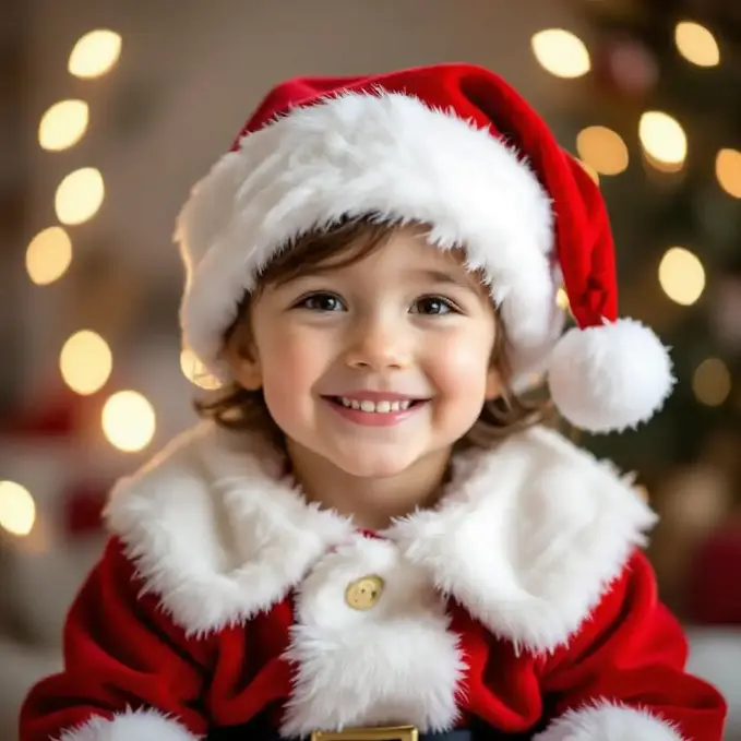 Smiling child dressed as Santa with soft indoor lighting.