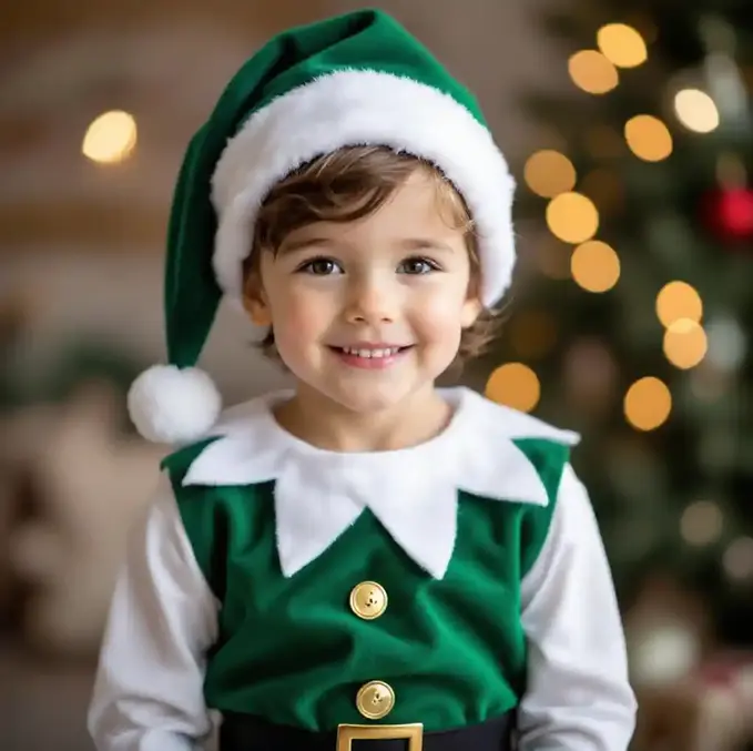 Child in elf costume with festive background and soft lighting.