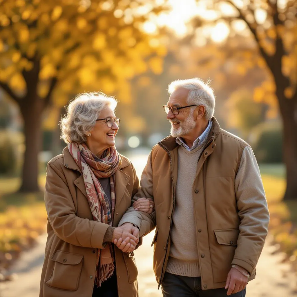 Elderly couple holding hands on a sunlit walk, warm tones and gentle smiles