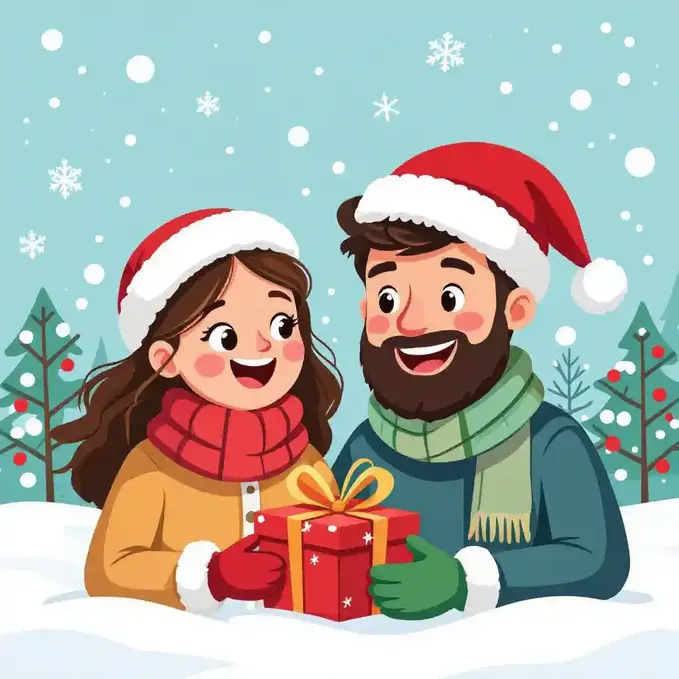 Cartoon-style Christmas illustration of two people with festive colors.