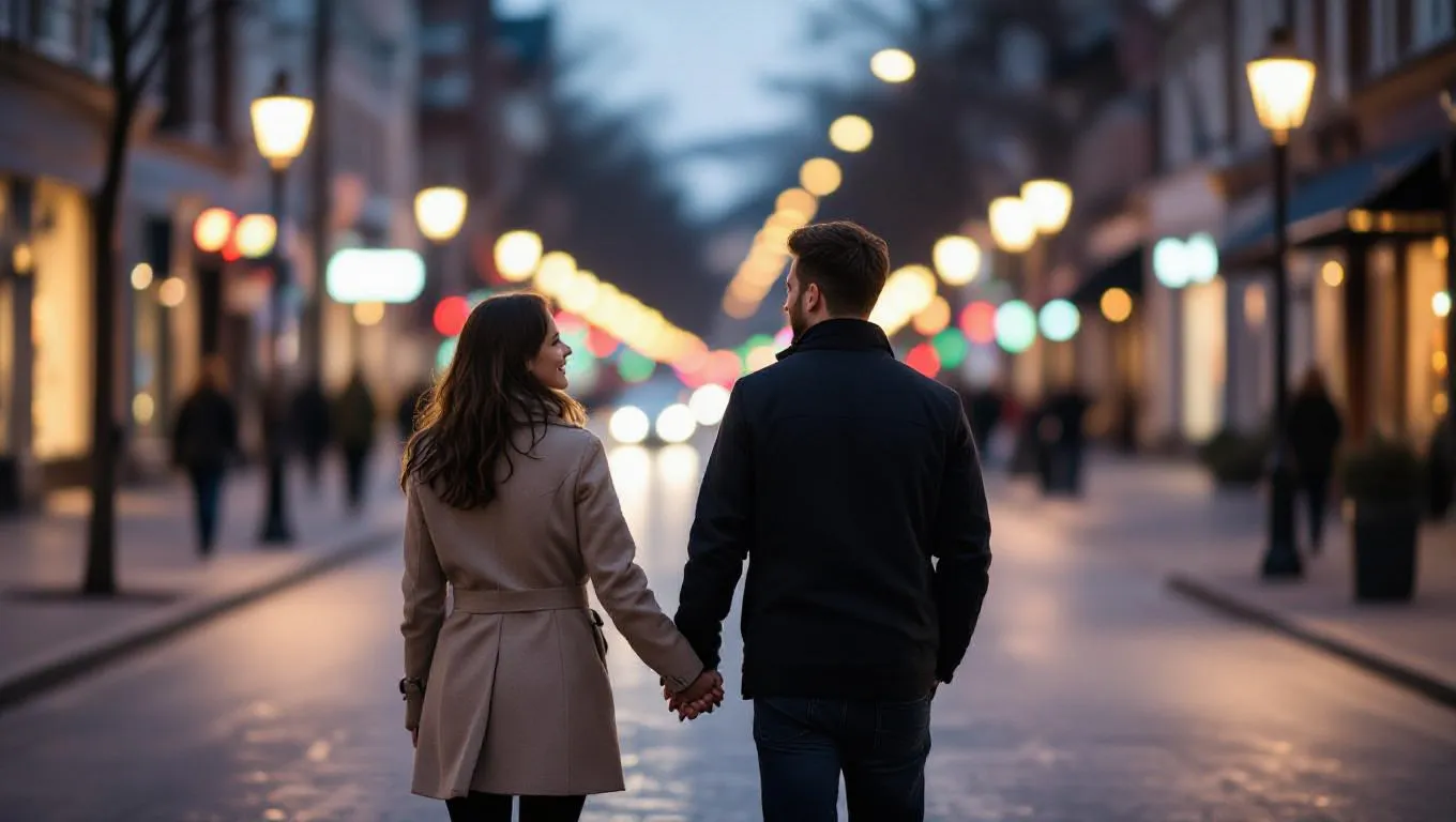 Couple walking hand-in-hand on a softly lit street at dusk, with cinematic bokeh lights behind them.