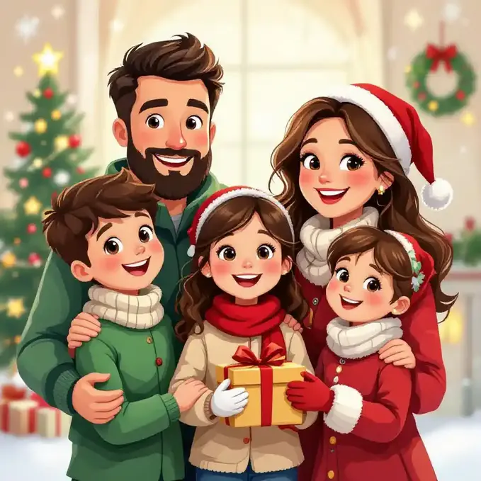 Cartoon-style family Christmas illustration with festive outfits.