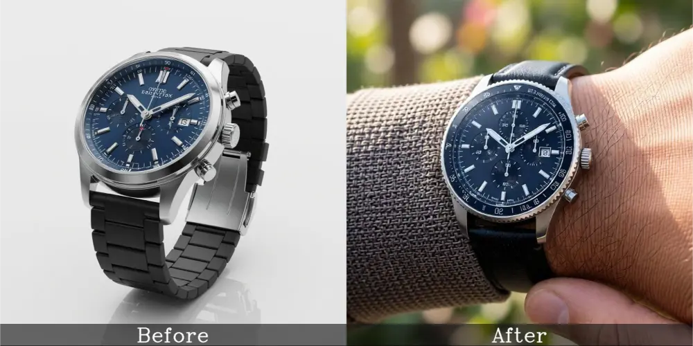Before and after watch photo, black watch on plain background, then hand movement shot.