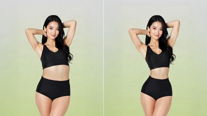 Full-body photo with refined waist and natural body proportions.