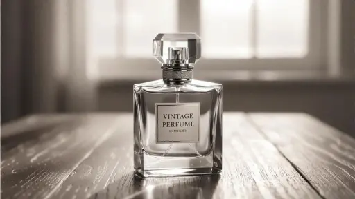 Perfume bottle on wooden table with vintage styling