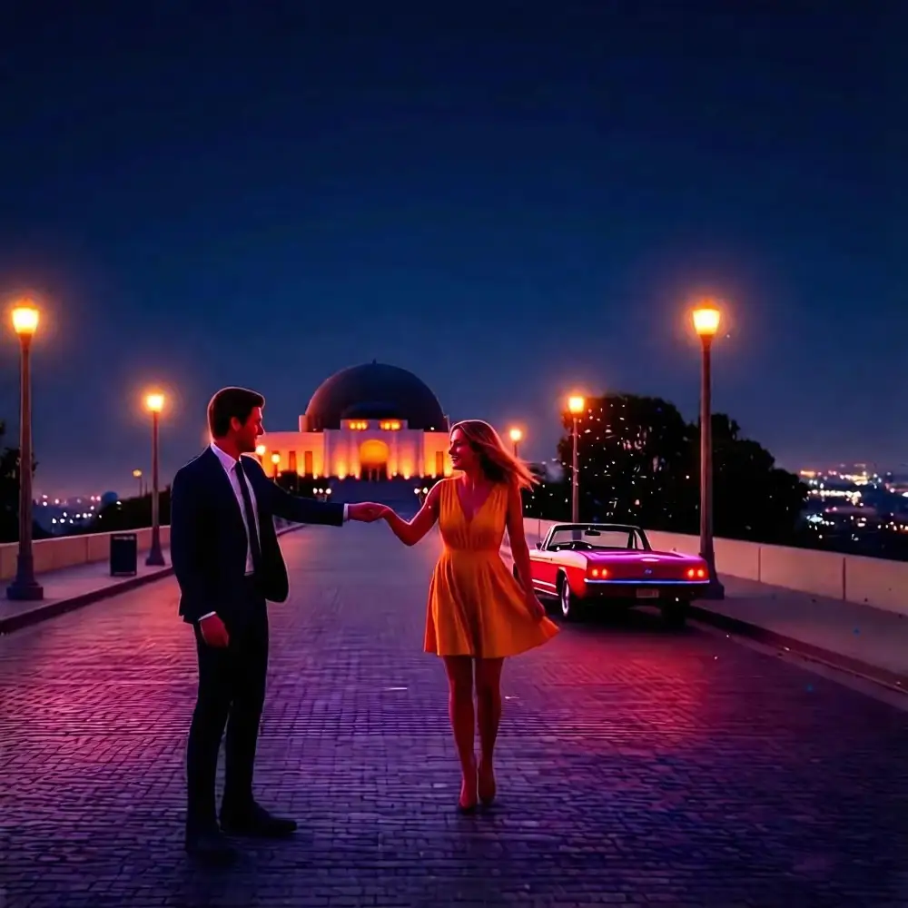 Hollywood-style romantic couple portrait at sunset.