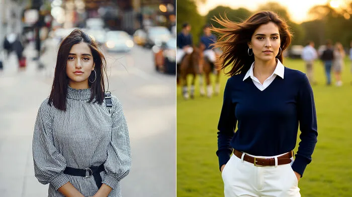 Before and after comparison of woman’s AI-edited hairstyle and outfit change.