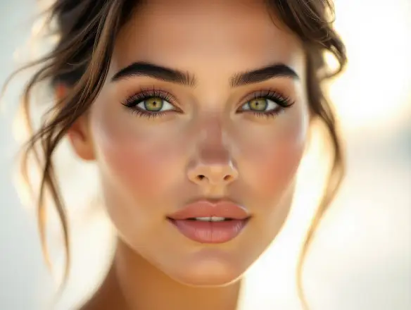 Cinematic close-up of a woman’s face with warm lighting.