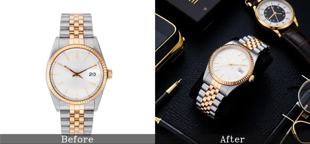 Before and after watch photo with a white background, then a black luxury background