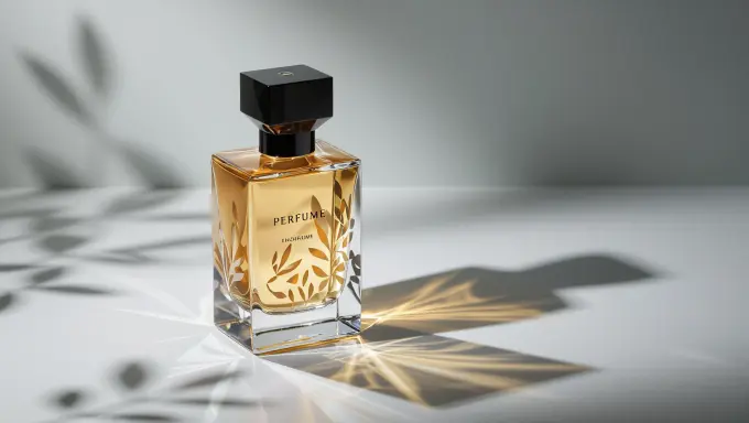 Perfume bottle with artistic light and shadow patterns.