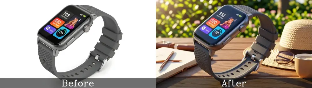 Before and after smartwatch photo with a white background, then travel garden theme.