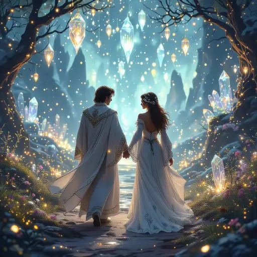 Fantasy couple walking hand-in-hand in a glowing magical realm.