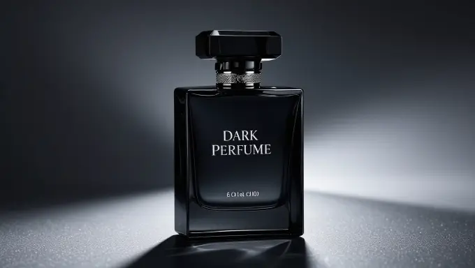 Perfume bottle on black background with dramatic lighting.