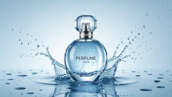 Perfume bottle with water droplets and splash effect.