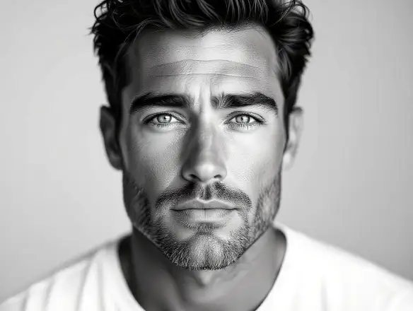 High-contrast black and white studio portrait of a man.