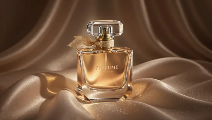 Perfume bottle placed on soft satin fabric