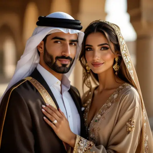 Luxury Arabic couple portrait in Dubai with elegant attire