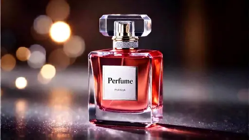 Macro close-up of perfume bottle label and glass detail