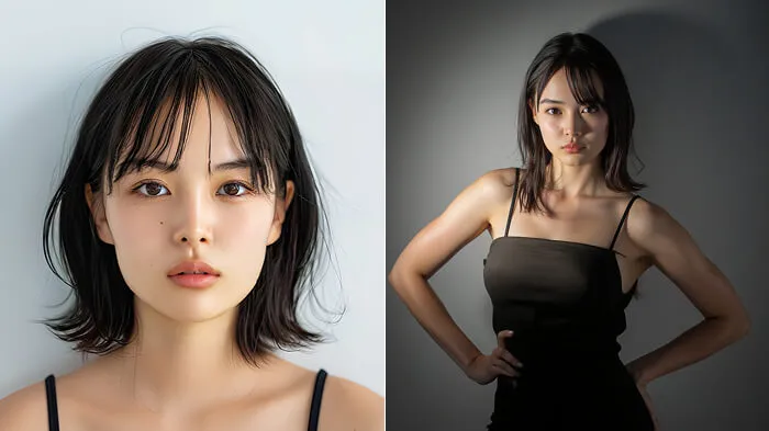 Before and after photo showing dramatic pose with spotlight and studio background.
