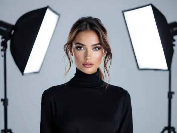High-fashion editorial studio portrait of a woman with sharp focus.