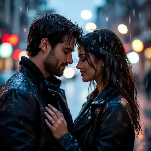 Romantic couple portrait in the rain with cinematic lighting.