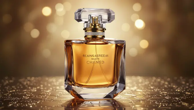 premium-looking perfume bottle with golden blurry background.