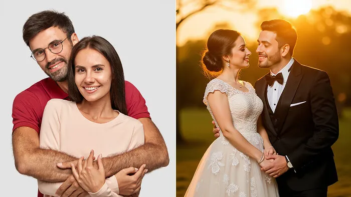 Romantic couple posing outdoors at sunset under floral arches and fairy lights.