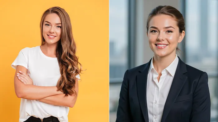 Before and after photo showing low bun hairstyle and office background.