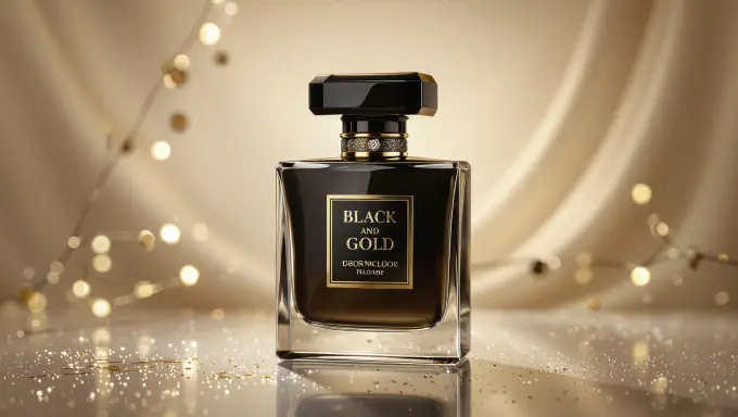 Perfume bottle in a black and gold luxury setup.