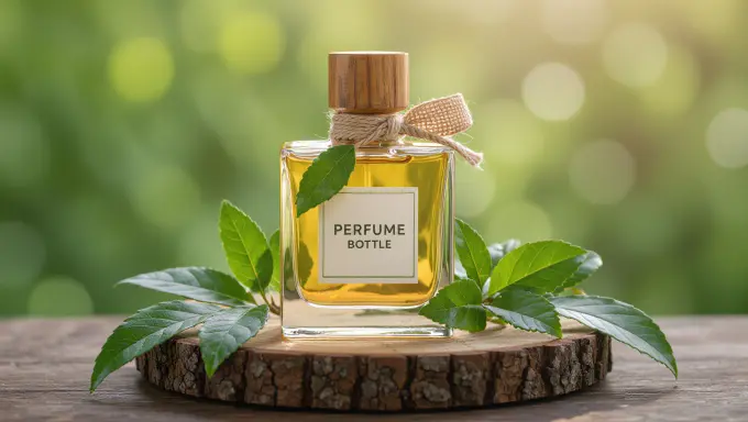 Perfume bottle styled with leaves and natural elements.