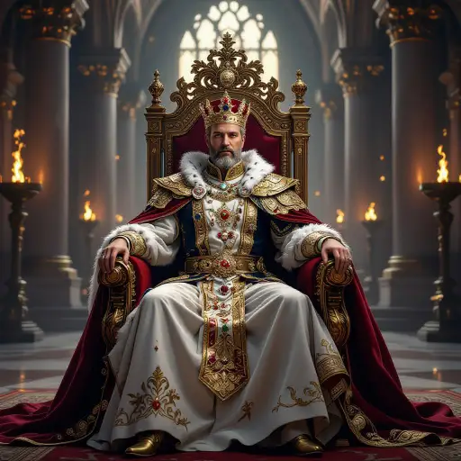 Royal fantasy portrait of a king or queen on ornate throne.