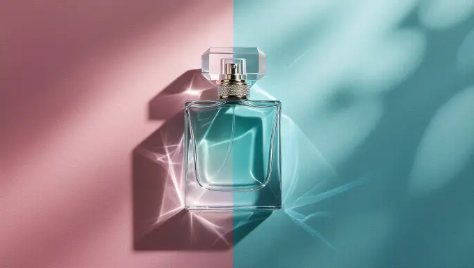Perfume bottle on a pastel background with soft lighting